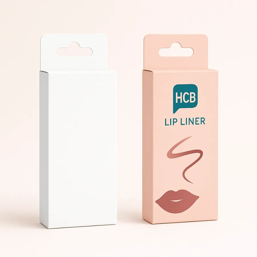 Two hanging retail boxes with peg holes- one plain white and one with pink branding- class=